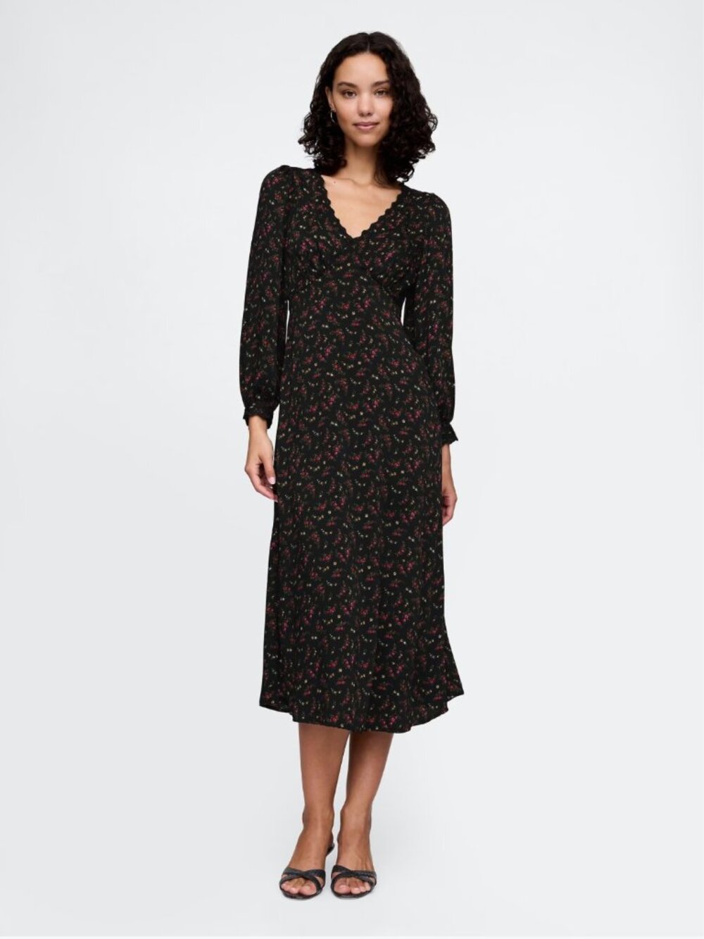 GAP Black Floral Lace Trim Midi Dress Long Sleeve Size L
